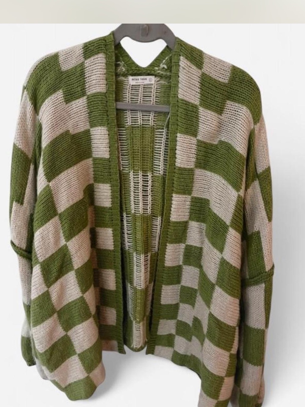 Miss Love Olive & Cream Checker Open-Front Cardigan